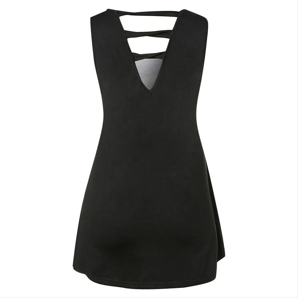 Women Sexy V-Neck Skull Print Sleeveless Bodycon Dress Club Party Mini Tank Dress Summer Shirt Dress Plus Size