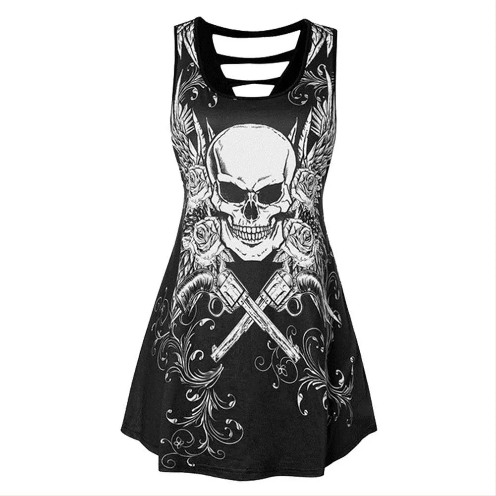 Women Sexy V-Neck Skull Print Sleeveless Bodycon Dress Club Party Mini Tank Dress Summer Shirt Dress Plus Size