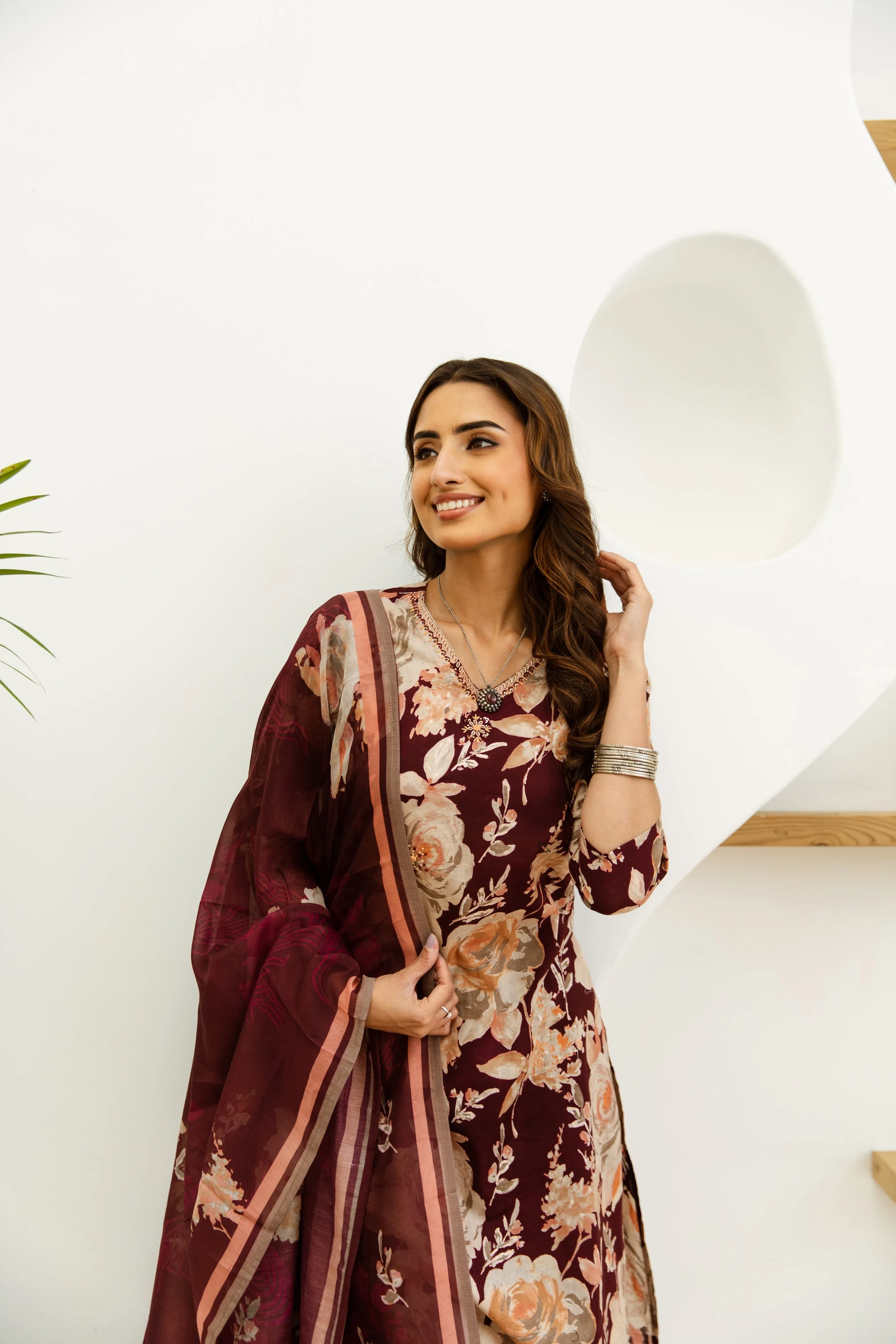 Women's Maroon Cotton Kurta, Pant  and Dupatta Set