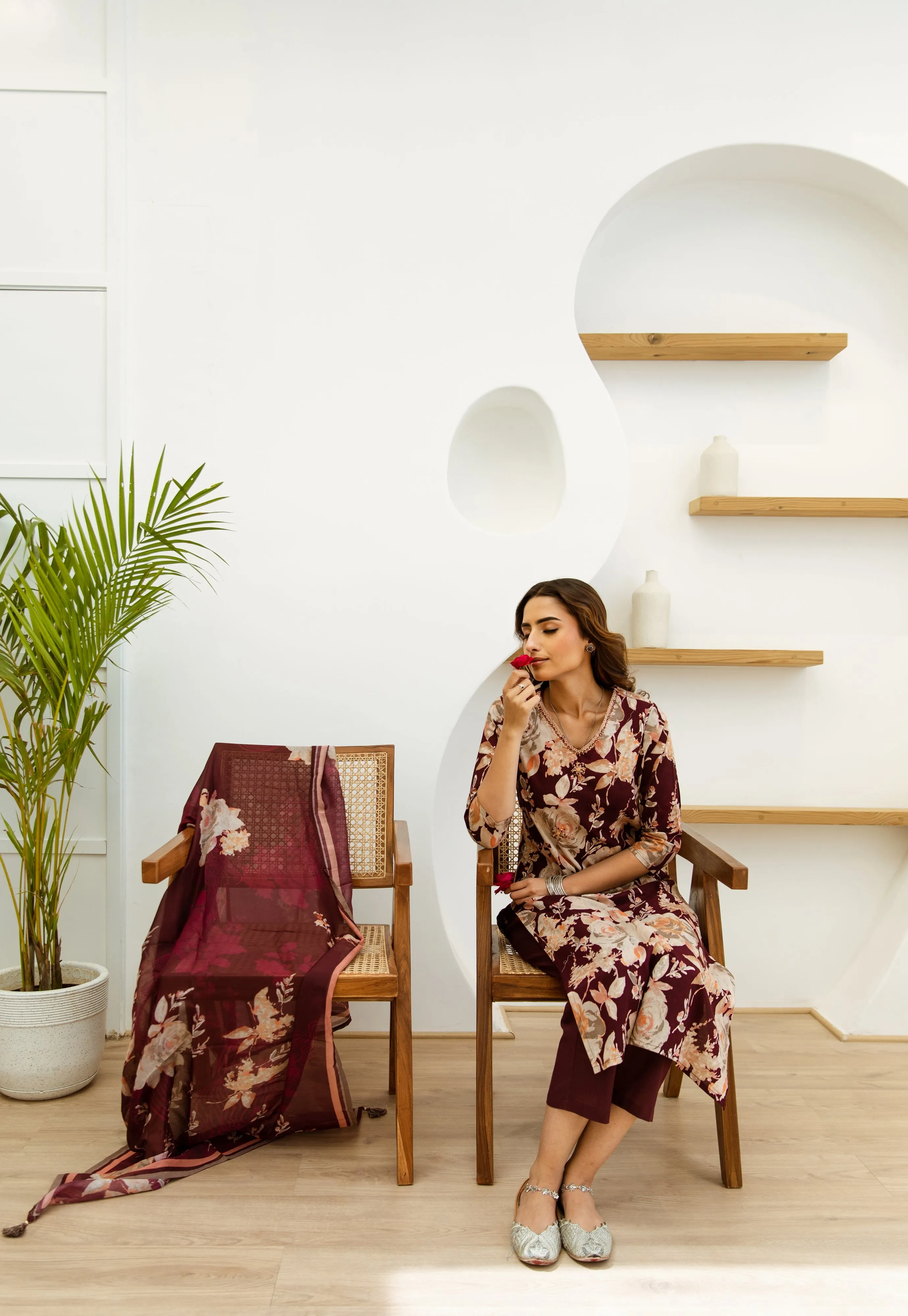 Women's Maroon Cotton Kurta, Pant  and Dupatta Set