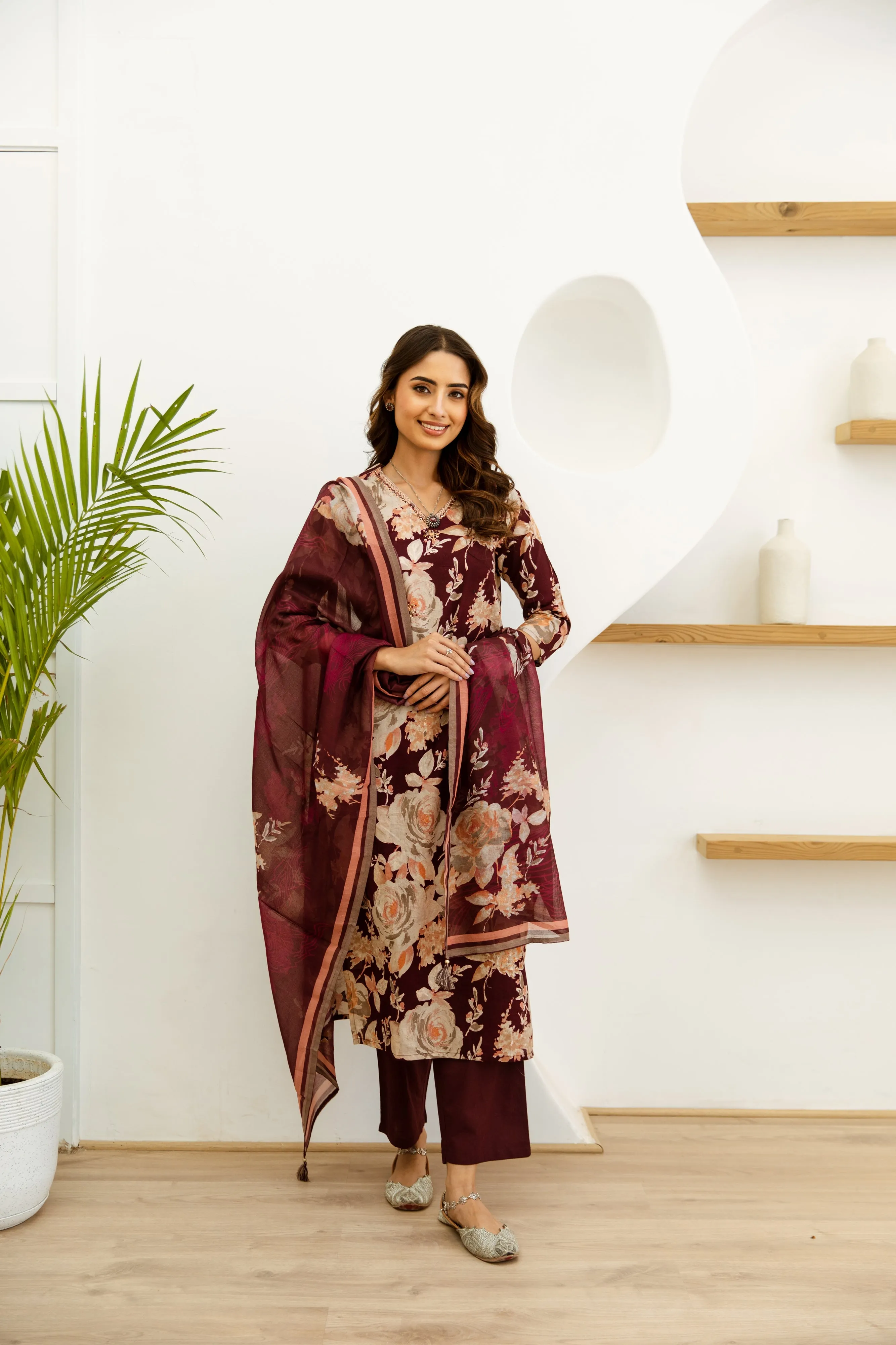 Women's Maroon Cotton Kurta, Pant  and Dupatta Set