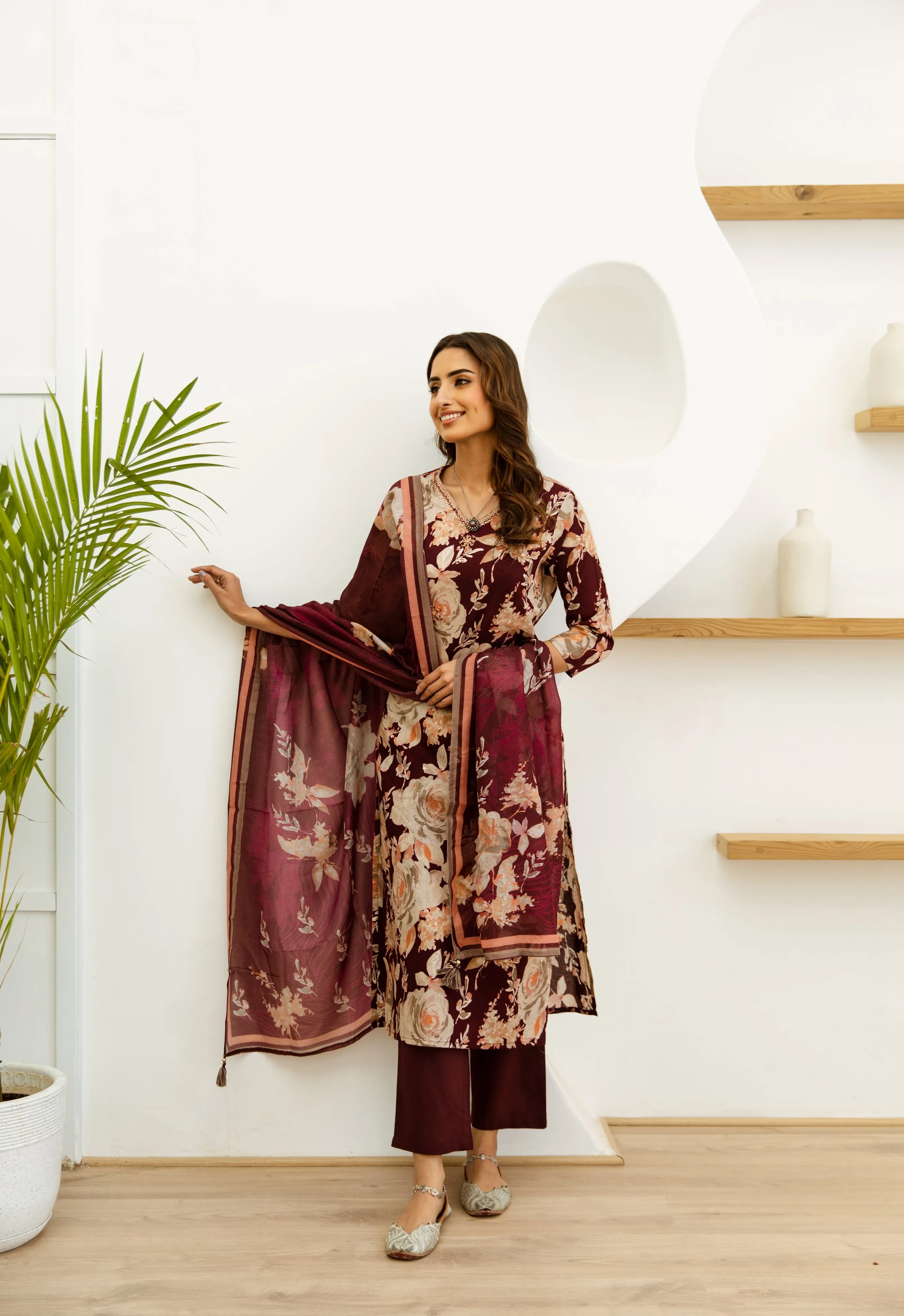 Women's Maroon Cotton Kurta, Pant  and Dupatta Set