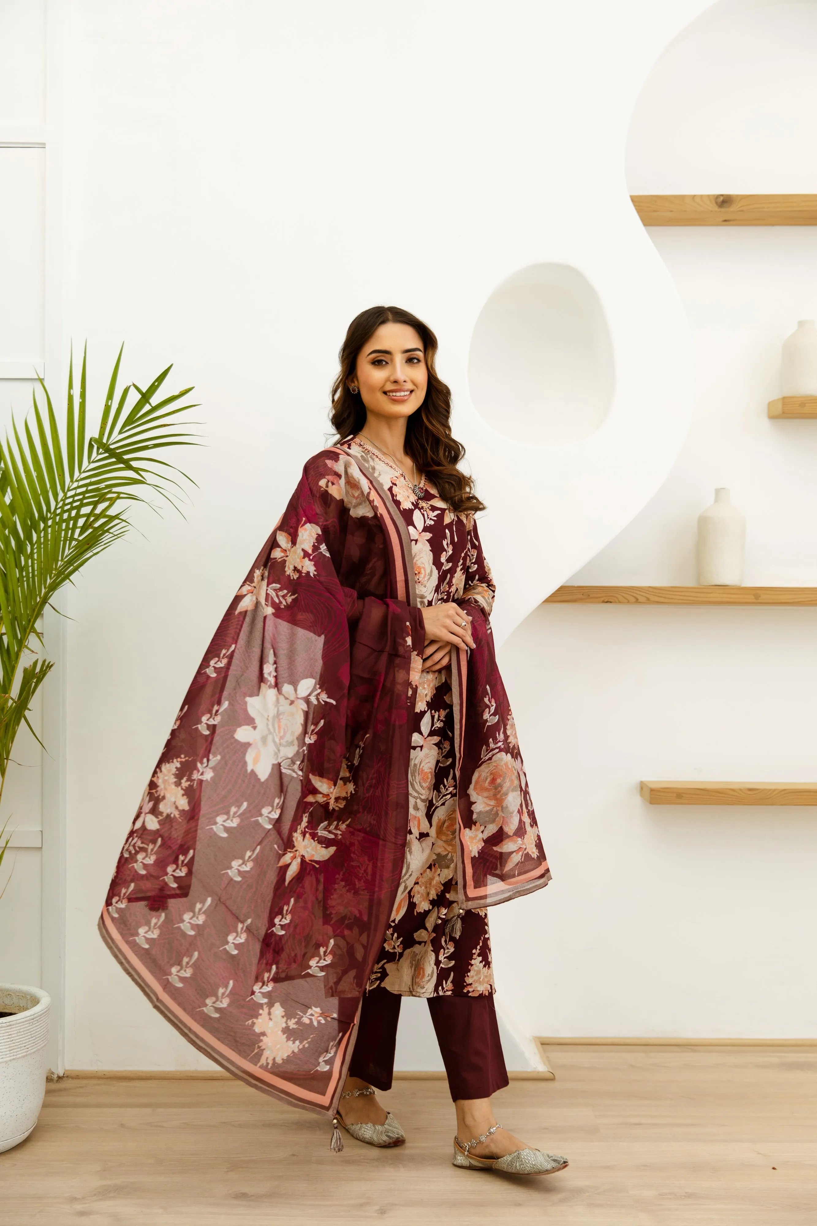 Women's Maroon Cotton Kurta, Pant  and Dupatta Set