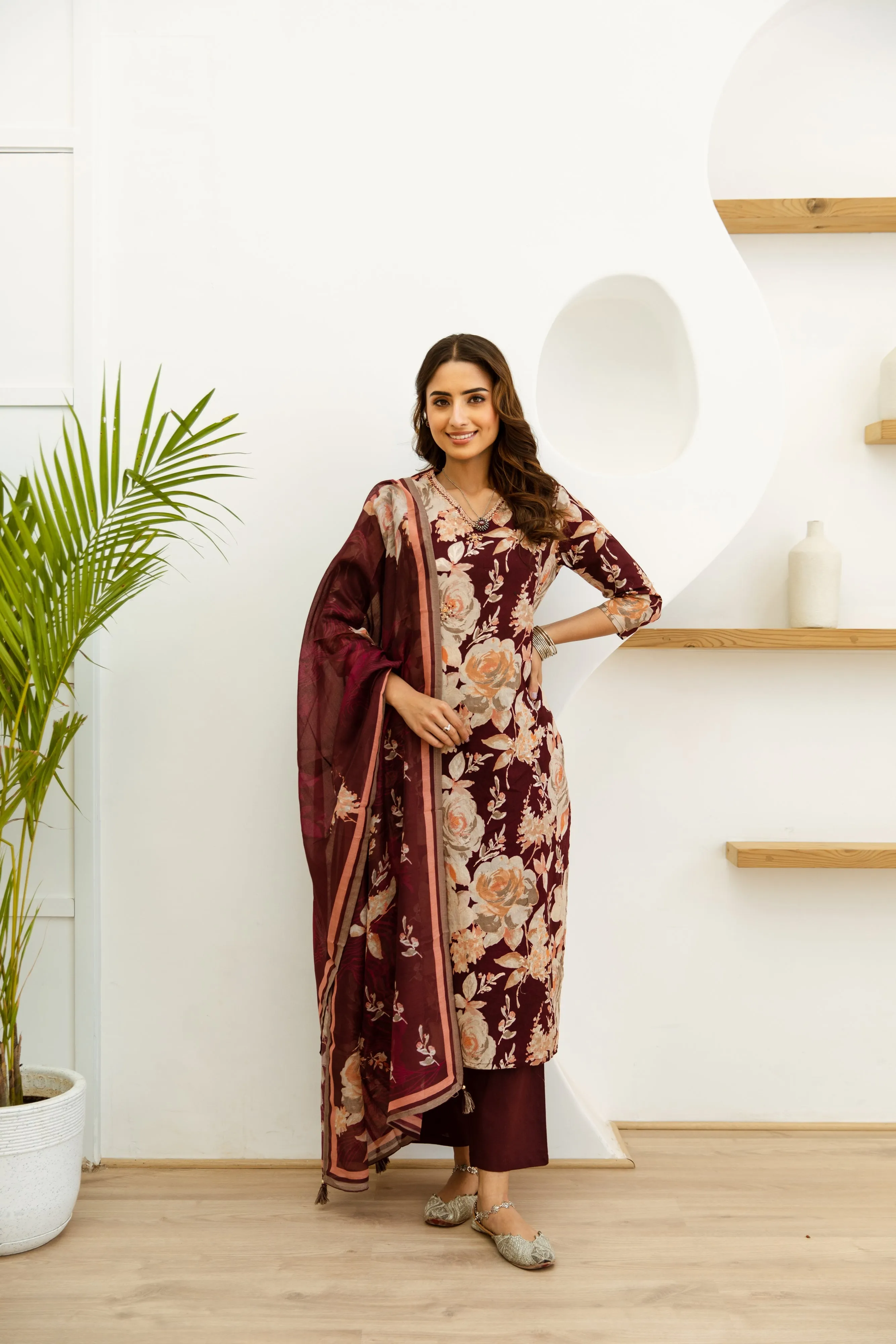 Women's Maroon Cotton Kurta, Pant  and Dupatta Set