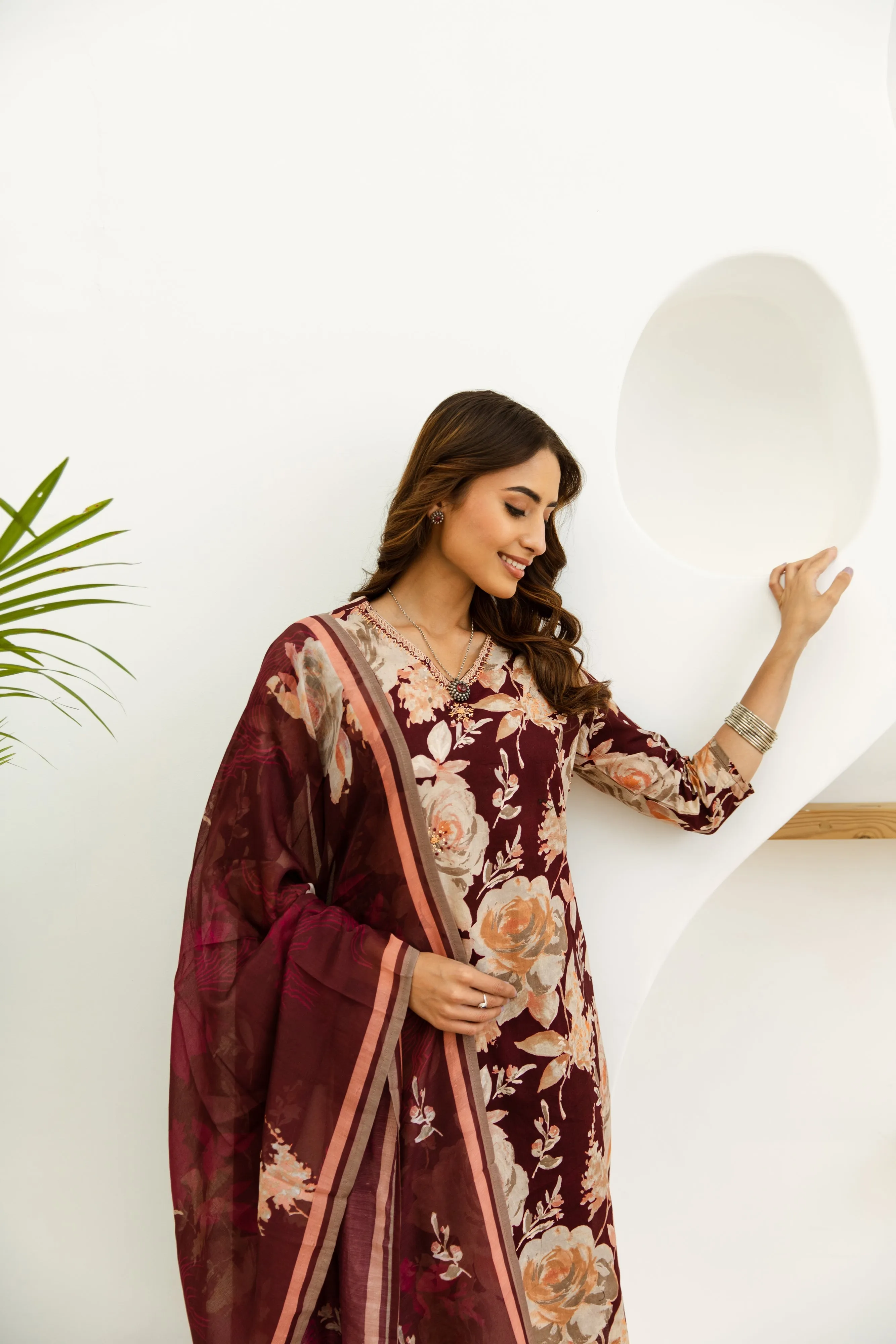 Women's Maroon Cotton Kurta, Pant  and Dupatta Set
